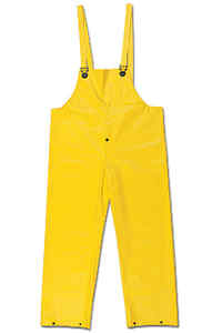 Yellow bibbed pants with snap fly front and take up snaps at waist 